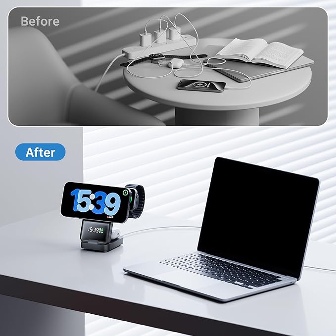 GUSGU MagTime 3 in 1 Wireless Charging Station with Real-Time Power and Time Display, Foldable Wireless Charger Stand, Compatible with iPhone 16/15/14/13/12, iWatch S1-10/Ultra, AirPods-Black