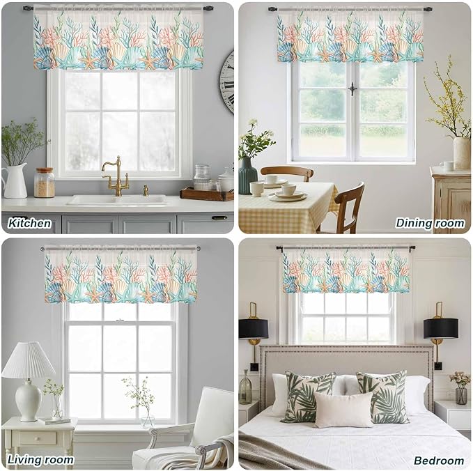 Summer Beach Sheer Valance Curtains, Ocean Colorful Coral Shell Seaweed