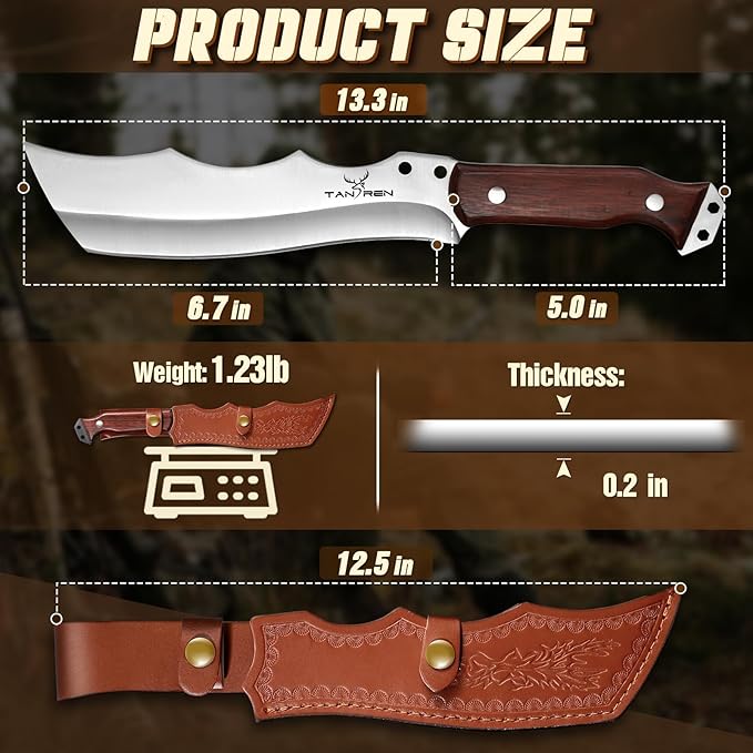 TAN REN Machete for Cutting Trees Heavy Duty, Survival Machete with Sheath for Yard Work, Full Tang Fixed Blade Knife with Wood Handle, Camping Machetes Heavy Duty, Clearing Brush and Gardening