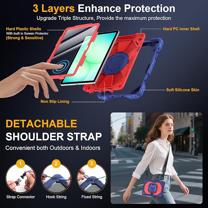Case for Samsung Galaxy Tab A9 Plus 11 Inch 2023 Ubearkk Rugged Case for Samsung Galaxy A9+ Tablet SM-X210/X216/X218 with Screen Protector 360 Rotating Stand Shoulder Strap Pen Holder Black