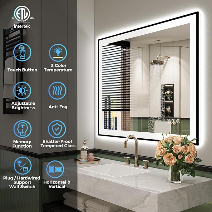 YEELAIT 32x36 Inch LED Bathroom Mirror with Lights (Front Lit and Backlit) Black Framed Lighted Vanity Mirror for Bathroom Wall Dimmable Anti-Fog Memory Tempered Glass Horizontal/Vertical
