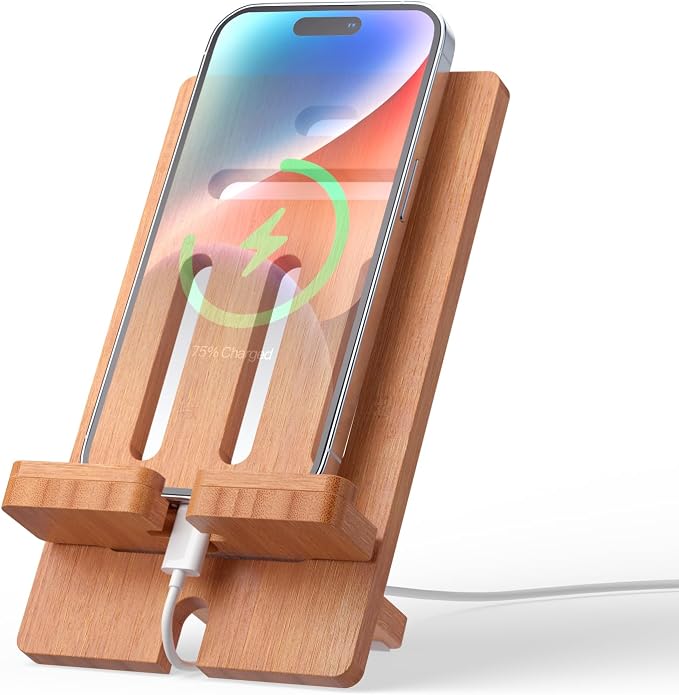 Pezin &amp Hulin Cell Phone Tablet Stand Bamboo Wooden Smartphone Desktop Dock Holder Compatible with Pad Tablet Mini E-Reader (Brown)
