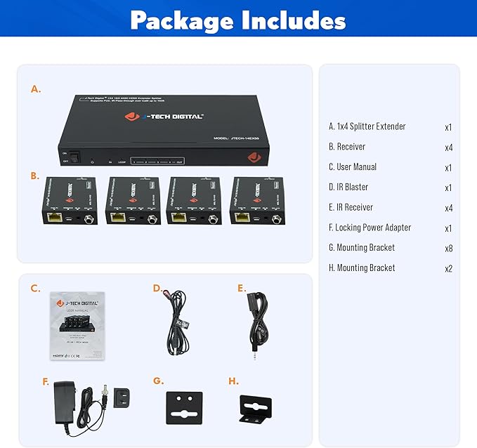 J-Tech Digital HDMI 2.0 4K 1x4 Splitter Extender Over Single Cable CAT6 with PoC Up to 196 FT 1-in 4-Out w/Local Loop Output & Low Latency [JTECH-14EX50]
