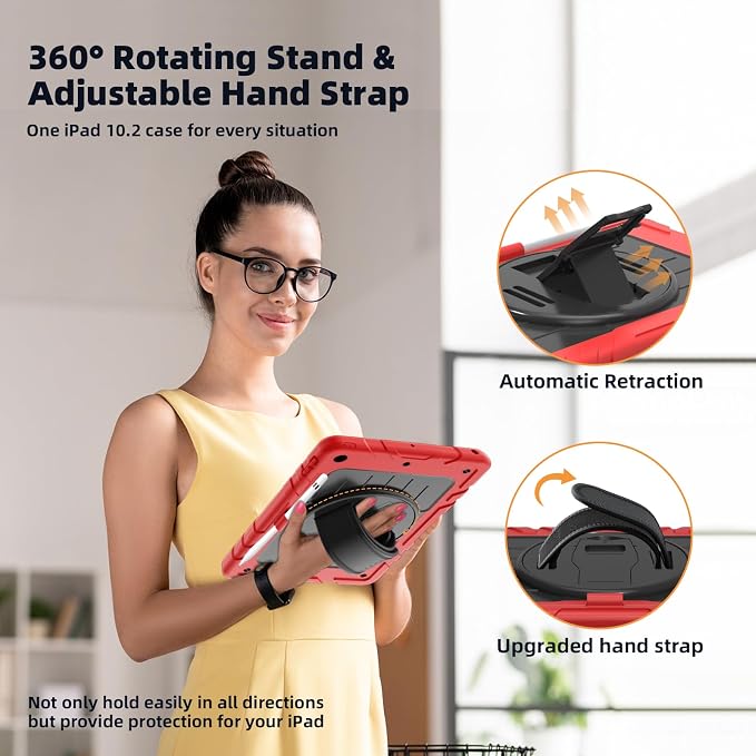 Case for iPad 9th/8th/7th Generation-Built-in Screen Protectorwith Pencil Holder&amp360°Rotating Hand StrapShoulder StrapCase for iPad 10.2 inch 2021-2019(Black)