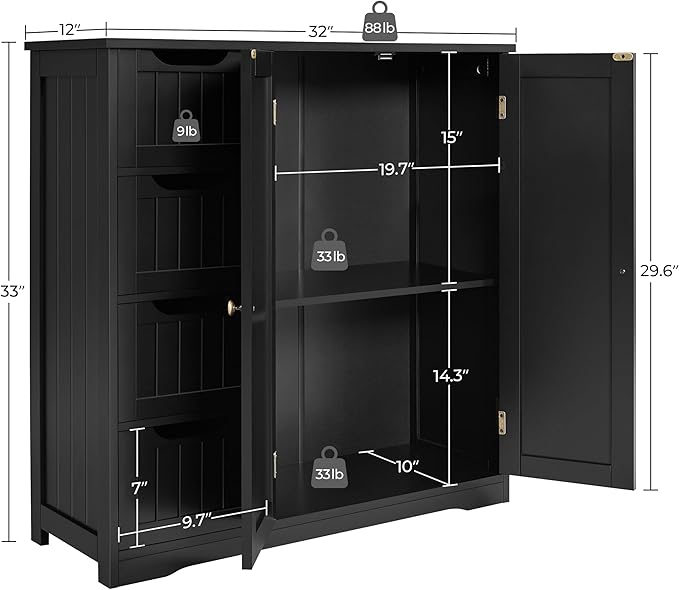 Yaheetech Wooden Bathroom Floor Cabinet, Side Storage Organizer Cabinet with 4 Drawers & Double Doors, Freestanding Entryway Storage Unit Console Table, Bathroom Furniture Home Decor, Black
