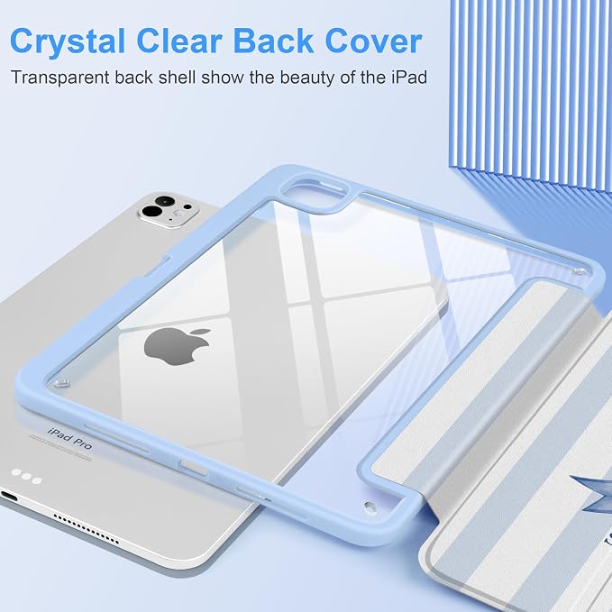 Case for iPad Pro 11 inch M5 2025 /M4 2024 Blue Ribbon Stripe | Blue Ribbon Stripe Folio Case with Clear Back Pencil Holder Trifold Stand and Auto Sleep/Wake for Preppy Aesthetic Users
