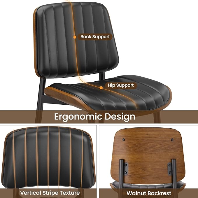 Dining Chairs Set of 4, FSC Certified Mid Century Modern Dining Room Kitchen Chairs, Upholstered PU Leather Vertical Stripe Chairs for Vanity with Walnut Bentwood and Metal Legs, Black