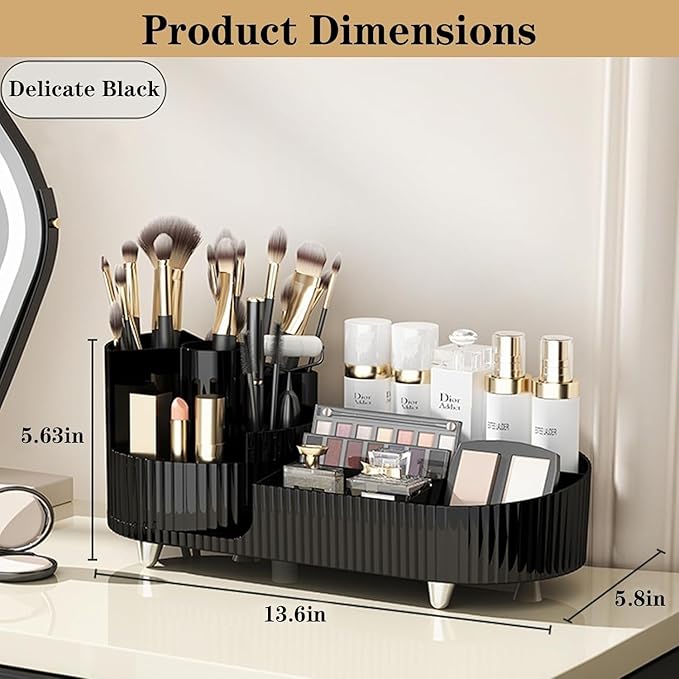 Rotating Cosmetic Organizer, Plastic Countertop Makeup Organizer with Makeup Brush Holder, Large Capacity Cosmetic Display Case, Countertop Makeup & Perfume Organizer with 9 Partitions (Black)