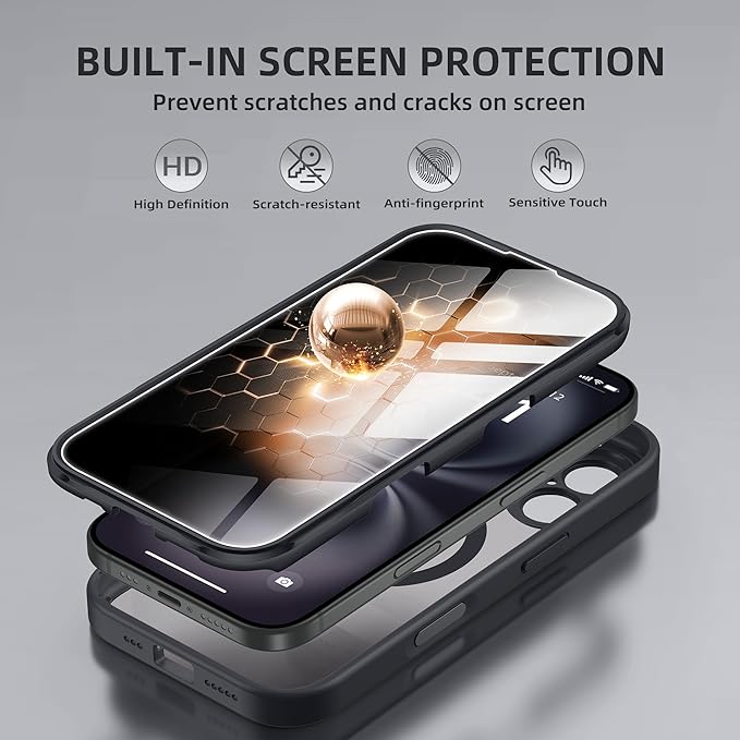 BERFY Magnetic for iPhone 16 Case, Compatible with MagSafe, Built-in Privacy Screen Protector and Upgraded Camera Protection, Anti-Spy Full Body Shockproof Phone Case for 16 6.1", Black