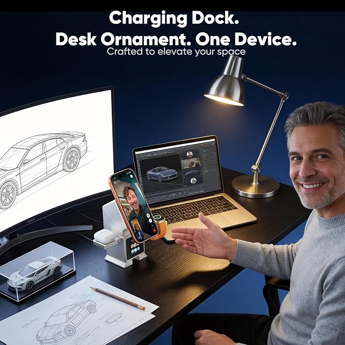 Robot 7-in-1 Magnetic Wireless Charging Station with Qi2 25W Fast Charging | Multifunctional Rotating Charger for Apple Multiple Devices LCD Display Bluetooth Speaker Alarm Clock 45W Adapter Sliv