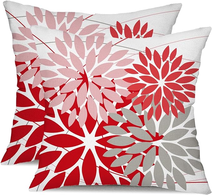 DFXSZ Outdoor Pillow Covers 16x16 Inch Set of 2 Pink Red Grey Flower Decorative Waterproof Summer Outdoor Valentines Pillow Covers for Patio Funiture Garden Couch 168M16