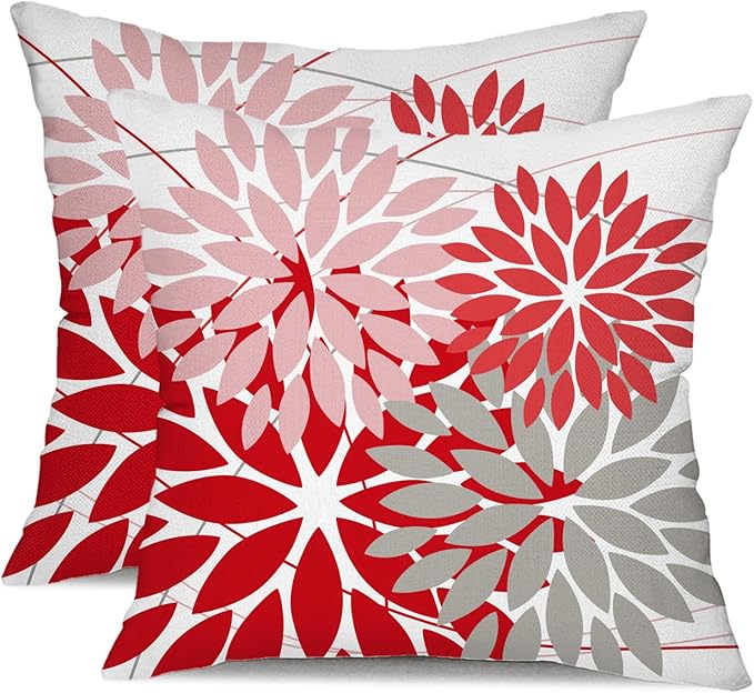 DFXSZ Outdoor Pillow Covers 20x20 Inch Set of 2 Pink Red Grey Flower Decorative Waterproof Summer Outdoor Valentines Pillow Covers for Patio Funiture Garden Couch 168M20