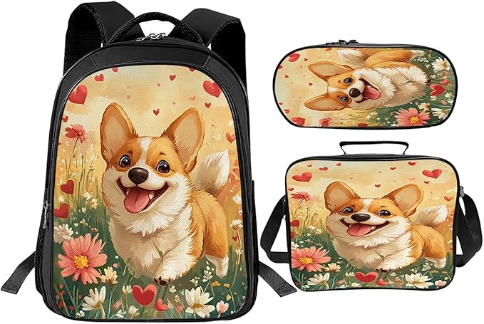 Cute Corgi Backpack Set 3 Piece School Bags and Lunch Box with Pencil Case Funny Dog Animal Bookbag Set for Toddler Kids Girls Boys Teens Kindergarten Elementary Middle
