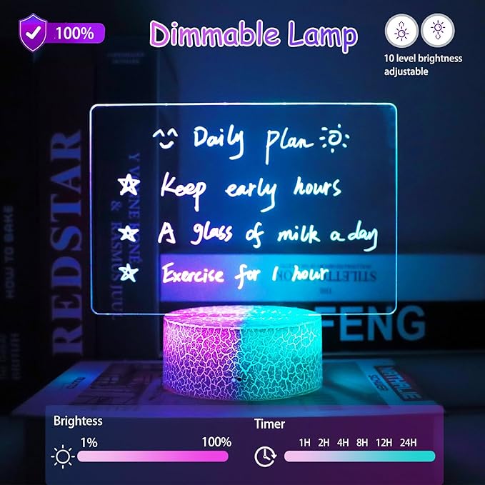 Acrylic Dry Erase Board with Light, 7 Colors Clear Desktop Note Memo Board with Remote & Timer, Dimmable 3D Touch Control Night Light, Creative Lighted Message Board for Study Work