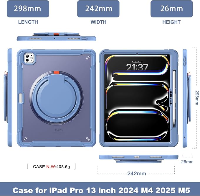 Batianda HaloCarry Case for iPad Pro 11 inch 2025 M5 2024 M4 Lavender Grey | Lightweight Dual-Layer Rugged Case with 360° Rotating Carry Ring Handle Stand and Pencil Holder Reinforced Corner Defen