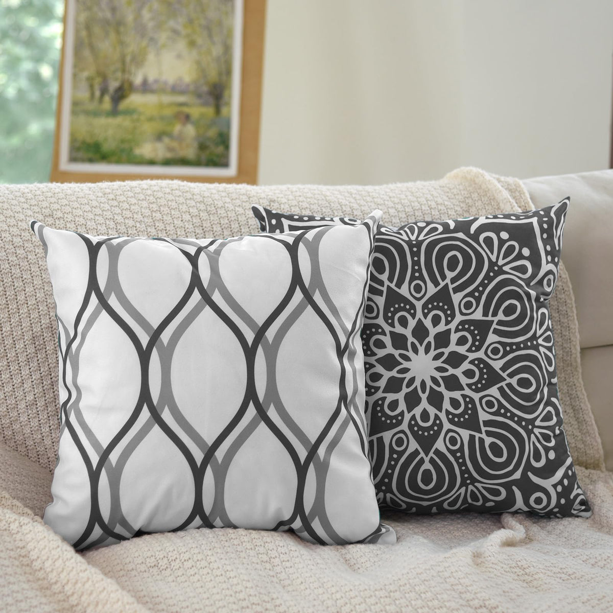 Coliuso Decorative Throw Pillow Covers 18x18 Set of 4, Dark Grey and White Modern Simple Square Pillow Case Cushion Cover for Sofa Couch Farmhouse Outdoor Living Room (Dark Gray and White, 18x18 inch)
