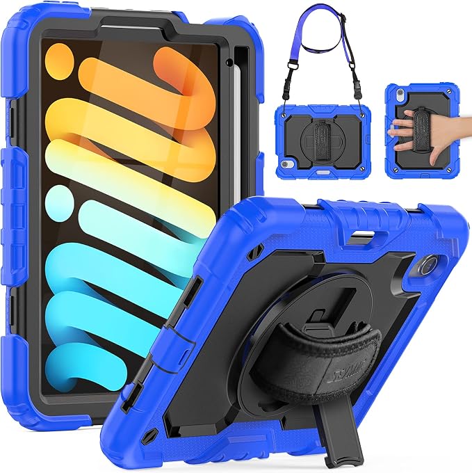 SEYMAC for iPad 9th/8th/7th Generation Case 10.2 2021-2019 Full-Body Shockproof Protective Case with Screen Protector Rotating Stand/Handle/Shoulder Strap for iPad 10.2 Blue/Black