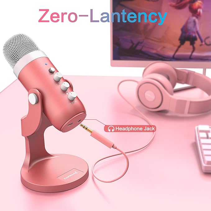 ZealSound USB Microphone,Condenser Computer Mic,Plug&Play Gaming Microphones for PS 4&5.Headphone Output&Volume Control,Mic Gain Control,Mute Button,YouTube Podcast on Mac&Windows Pearlescent Pink