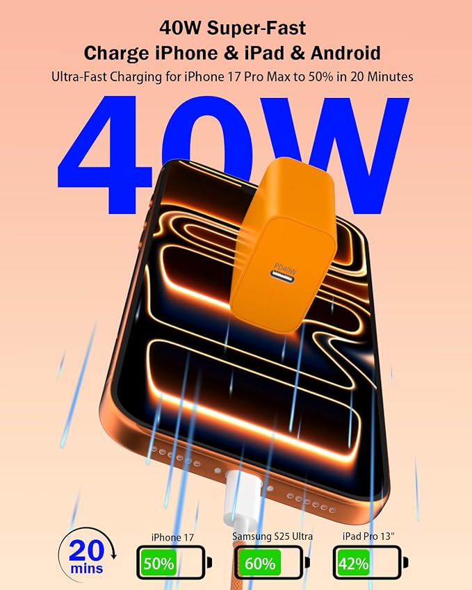 [Apple MFi Certified] 40W GaN III USB C Charger with 10FT Cable for iPhone | 2-Pack PD 3.0 PPS Charger Set Compatible with iPhone 17/16/15 Pro Max Samsung S25 iPad and MacBook Compact Travel Desig