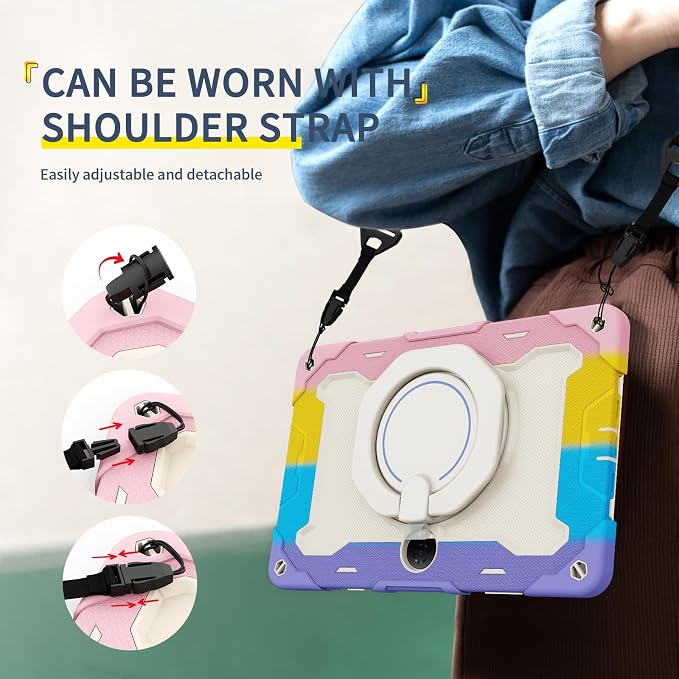 Tablet Case for Honor Pad 9 12.1 Kids Rainbow Heavy Duty Silicone Shockproof Case with Pencil Holder Shoulder Strap Rotating Fold Kickstand Hand Strap