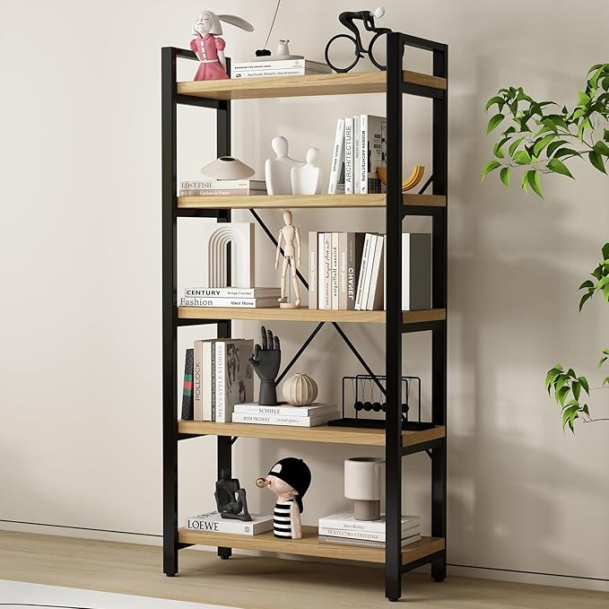 Real Solid Wood Bookshelf Shelves Rustic Vintage Industrial Etagere Bookshelf, Metal & Timber Free Vintage Bookcase, (Genuine Timber) (5-Tiers-Real Wood)