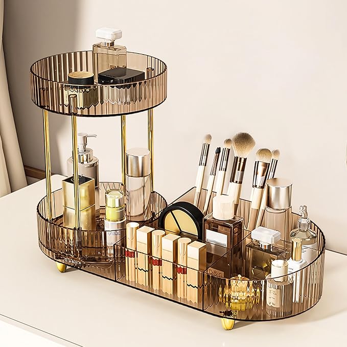 DASITON 360° Rotating Makeup Organizer for Vanity, 2 Tier Perfume Cosmetic Skincare Organizers with Makeup Brush Holder, Large Capacity Cosmetic Display Case for Bedroom Bathroom Countertop (Coffee)