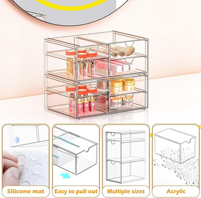 Arcylic Makeup Organzier with 5 Drawers, Clear Stackable Storage Drawers, Bathroom Countert Organizer,Plastic Storage Bins For Vanity, Cabinets, Pantry, Home Organization and Storage