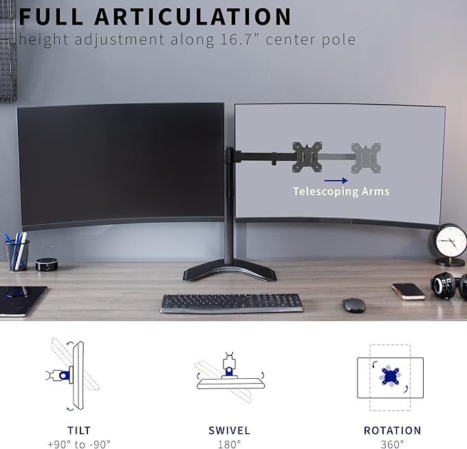 VIVO Premium Dual Ultra Wide LCD LED 27 to 38 inch Monitor Desk Stand, Heavy Duty, Free-Standing Telescoping Arms, Flush Wall Setup, Fits 2 Screens, Black, STAND-TS38B