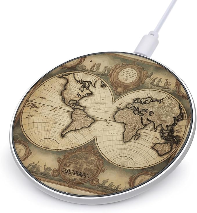 World Map Wireless Charger with USB Cable Qi-Certified 10W Fast Wireless Charging Pad Portable Charging Station Anti-Slip Slim Charger Mat for All Qi-Enabled Phones