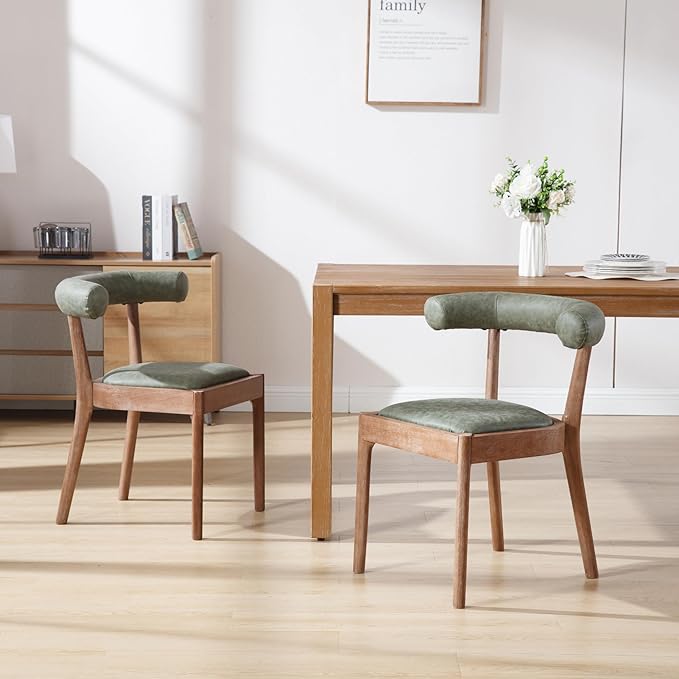 Kmax Dining Room Chairs Mid-Century Modern PU Kitchen Chairs with Natural Walnut Finished Frame, PU Curved Back, Set of 6, Green