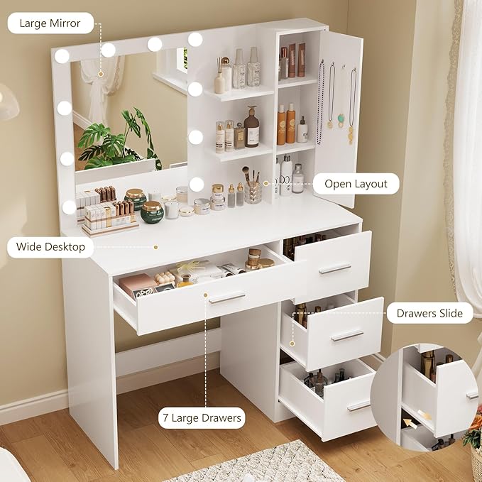usikey Makeup Vanity with Lights, Vanity Desk with Mirror and 10 LED Lights, Vanity Table Set with 4 Drawers, Cabinet & 4 Necklace Hooks, Dressing Table for Bedroom, White
