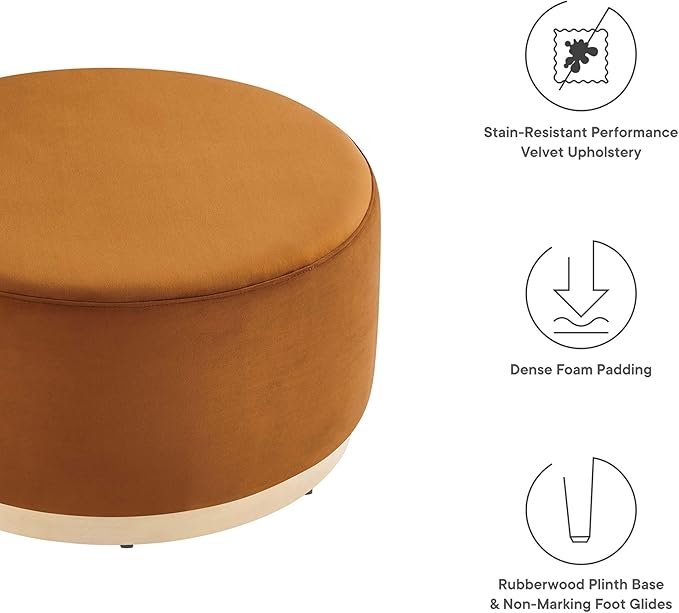 Modway Tilden 29 Inch Round Performance Velvet Upholstered Ottoman in Rust Natural - Round Ottoman Coffee Table for Living Room - Large Ottoman Foot Rest with Rubberwood Plinth Base