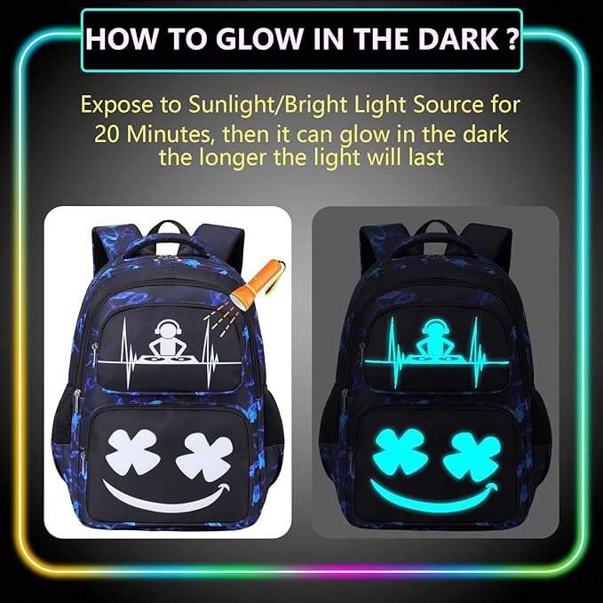 Boys Backpack with Lunch Box Glow in Dark Kids Ages 4-12 Kindergarten Elementary Middle School Teens Bookbag Mochilas Para Niños, Luminous Face Red