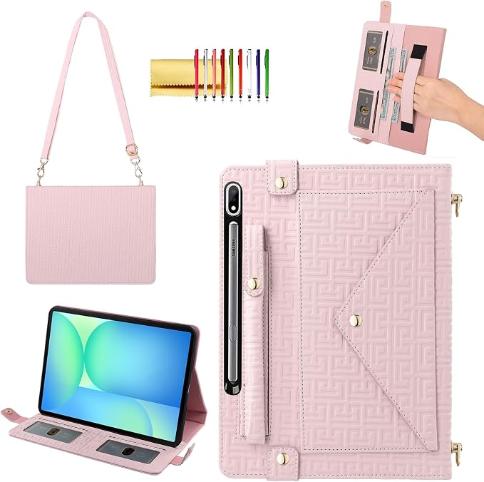Handbag Case for Samsung Galaxy Tab S10 FE/S9 FE 10.9/S9/S8/S7 11 Techcircle Folio Stand Crossbody Wallet Protective Cover with S Pen Holder &amp Card Slots Hand Strap &amp Shoulder Strap Black