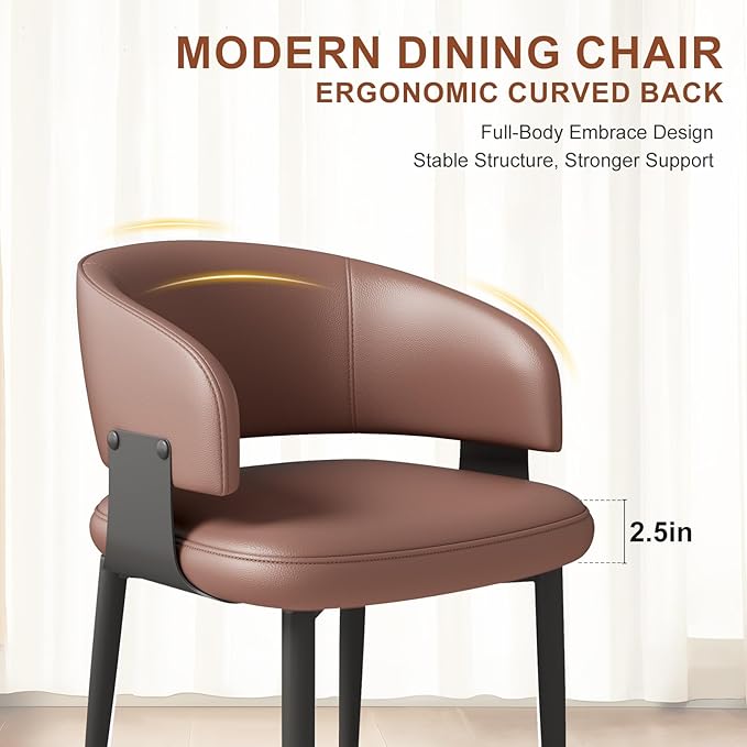 Modern Dining Chairs Set of 2, Faux Leather Upholstered Kitchen Chairs with Curved Back and Metal Legs, Mid Century Chairs for Dining Room, Kitchen, or Café (Brown)