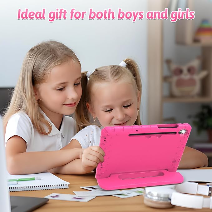 Heavy Duty Kids Case for Samsung Galaxy Tab S7 FE/S7 Plus/S8 Plus 12.4 inch | Rugged Protection Cover for Galaxy Tab S8+/Tab S7 FE/S7+ 2022/2021/2020 with S-Pen Holder Handle StandEVA Foam Rose Red