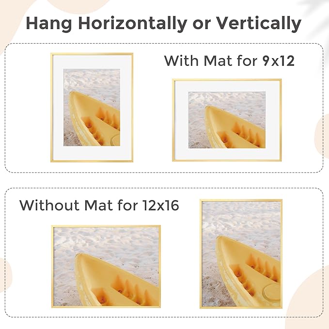 12x16 Metal Picture Frame For Wall With Mat For 9x12, 12''x16'' Aluminum Certificate Document Frames With Tempered Glass, Minimalist Modern Poster Frame Horizontally Vertically Set of 3, Gold