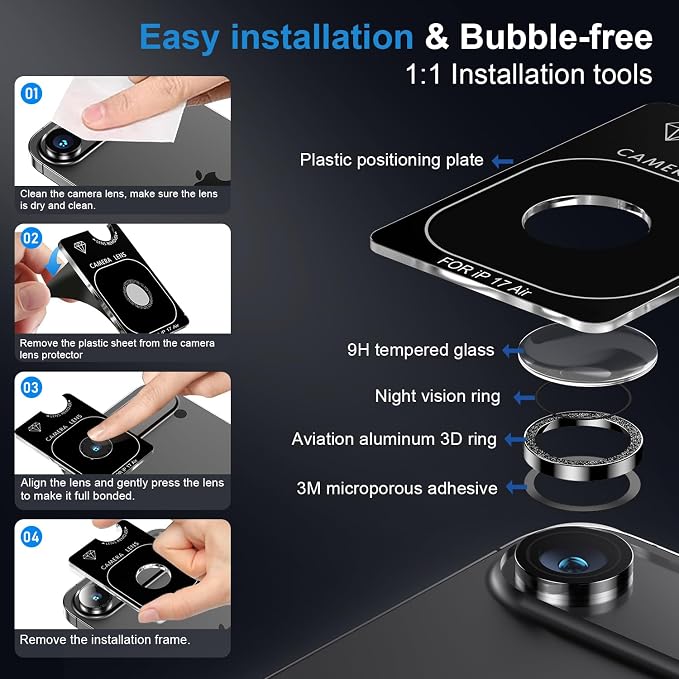 Korecase for iPhone 17/iPhone 16/iPhone 16 Plus Camera Lens Protector Bling 9H Tempered Glass Anti Scratch Camera Screen Protector Shockproof Film Metal Ring Lens Protector Glitter-Black