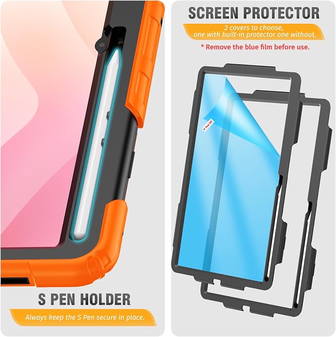 HXCASEAC Case for Samsung Galaxy Tab S10+ Plus / S9 Fe+ / S9+ 5G 12.4 inch Protective with Screen Protector/S Pen Holder/ 360 Rotating Stand Hand Strap - Black