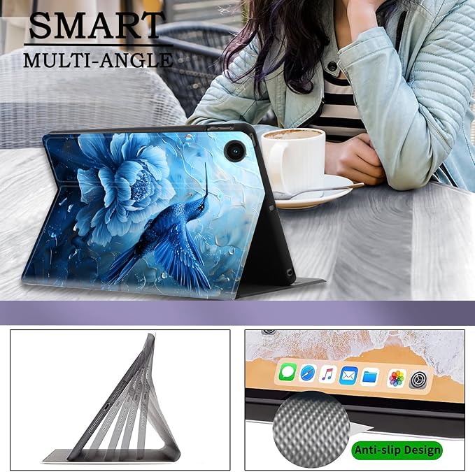 Case for Samsung Galaxy Tab A11 + Plus/A9 + Plus 11 Inch 2025/2023 Ultra-Thin Multi-Angle Protective Cover with Auto Sleep/Wake Black Cat and the Blue Flower