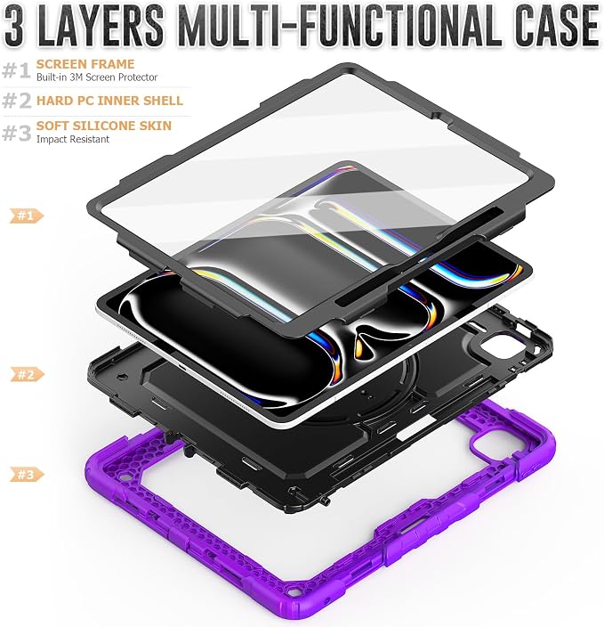 for iPad Pro 11 inch Protective Case M5 2025/M4 2024: Heavy Duty Shockproof Case with Pencil Holder - 360°Rotating Handle/Stand - Screen Protector - Shoulder Strap Black/Sky Blue