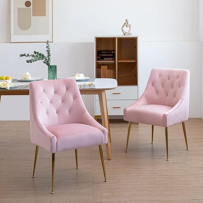 Modern Dining Chairs Set of 4, Mid Century Dining Chairs with 5.12” Cushions and Golden Legs, Velvet Upholstered with Back Pull Rod, for Kitchen, Living Room, Pink