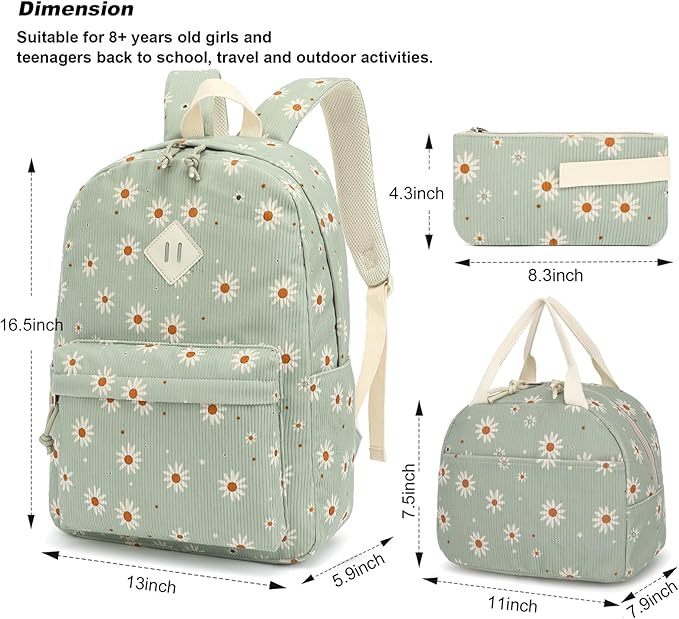 Corduroy Girls Backpack Set, 3PCS School Backpacks for Kids Elementary Middle School Bags with Lunch Box Pencil Case (Green Corduroy Daisy)