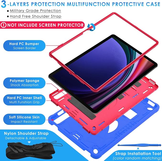 DETUOSI Case for Samsung Galaxy Tab S10 Lite / S10 FE / S9 FE 10.9-Inch with S Pen Holder + Shoulder Strap3-Layer Hybrid Heavy Duty Full-Body Shockproof4-Angle Viewing Protective Cover
