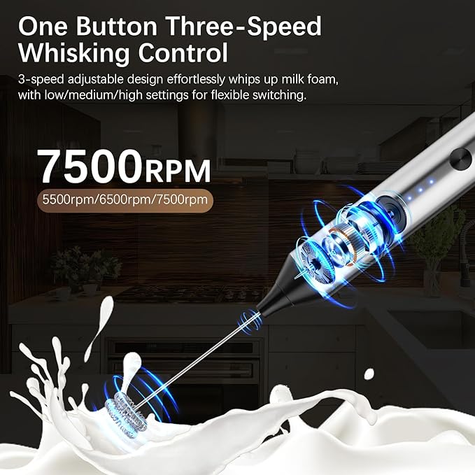 QTDHG Rechargeable Milk Frother with Stand, Electric Frother Wand Handheld Coffee Foam Maker Detachable Stainless Steel Whisk Drink Mixer Foamer for Latte, Cappuccino, Hot Chocolate, Egg (Silver)