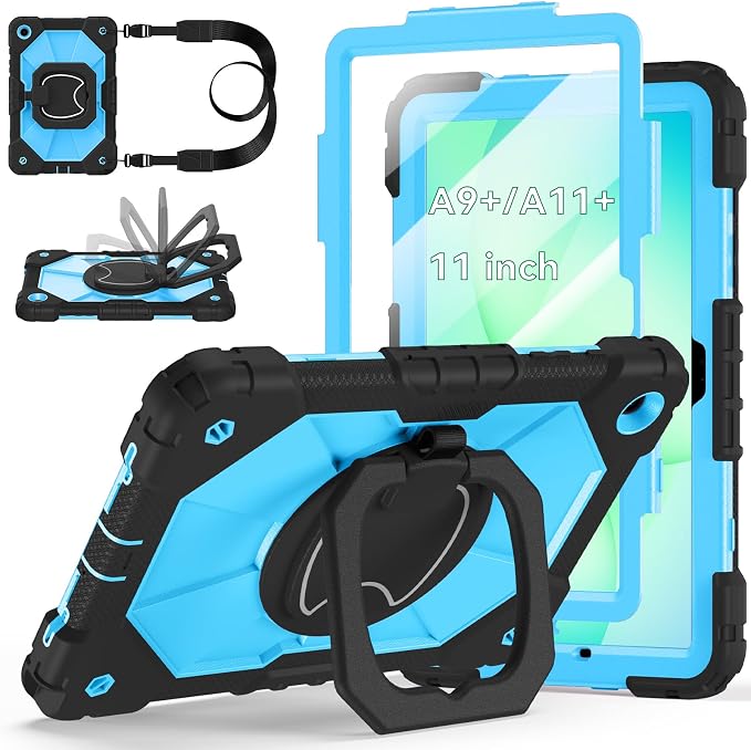Case for Samsung Galaxy Tab A9 Plus 11 Inch 2023 Ubearkk Rugged Case for Samsung Galaxy A9+ Tablet SM-X210/X216/X218 with Screen Protector 360 Rotating Stand Shoulder Strap Pen Holder Black
