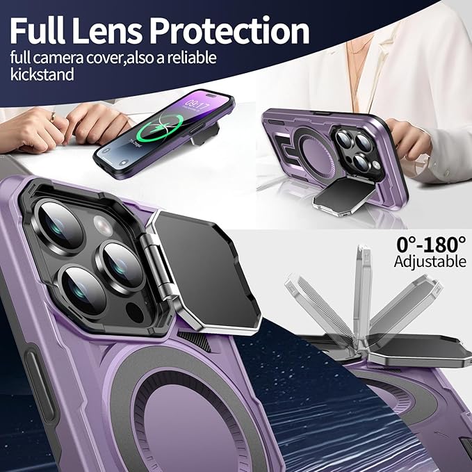 Camera Stand Case for iPhone 14 Pro, [Compatible with Mag Safe] [Lens Cover] 2024 Version Military Grade Protective Soft Case for iPhone 14 Pro 6.1 inch Men Women, Purple