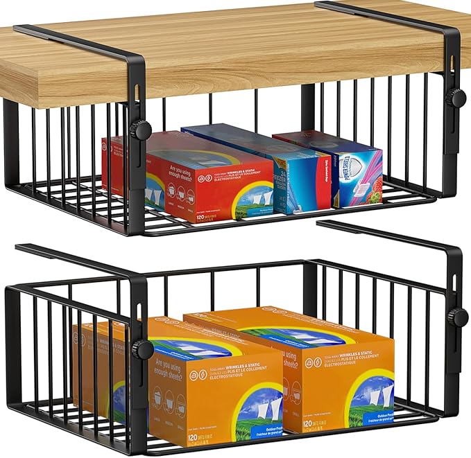 2Pack Under Shelf Basket Organizer,Adjustable Hanging Holder Storage for Cabinet Pantry Kitchen Cupboard Desk Counter Bookshelf Organization Add-on Space Saver Heavy Duty Slide-in,Black