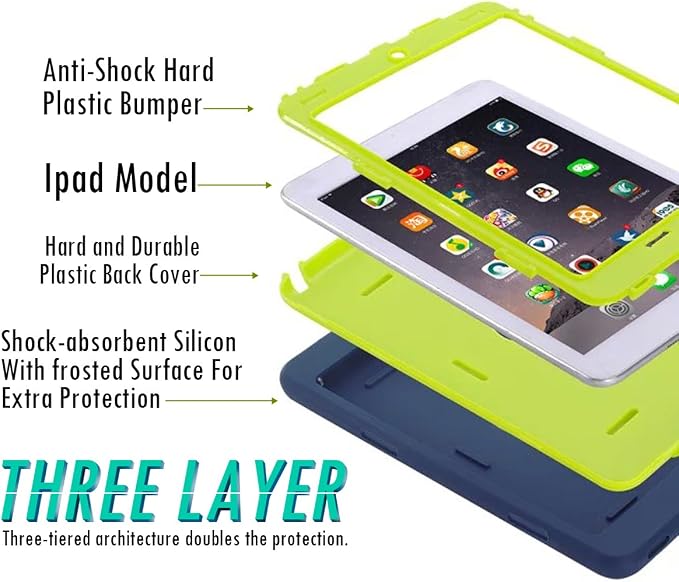 MAKEIT CASE for iPad mini Case for iPad mini 2 3 Case 3in1 Hybrid Shockproof Case for iPad mini 1/2/ 3 (Dark Blue/Fluorescent Green)
