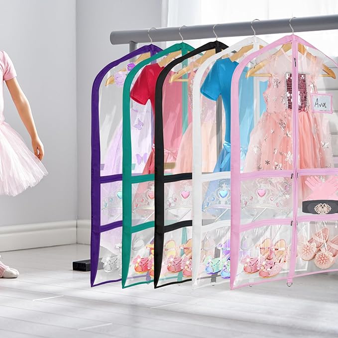 Univivi Clear PVC Dance Costume Bags Garment Bag 40 Inch for Dance Competitions, with 4 Medium Clear Zipper Pockets and 1 Large Back Zippered Pocket (12 Pack, Clear Purple)